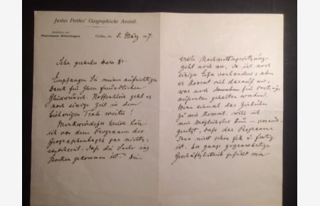 3 seitiger, eigenhändig beschriebener Brief von A. Supan, Gotha 5. März 1907. Mit gedrucktem Briefkopf Justus Perthes` Geographische Anstalt. Redaktion von Petermanns Mitteilungen.