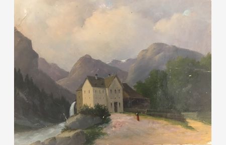 Gemahltes Bild auf Karton - Haus am Fluss mit Berglandschaft um 1880-1890