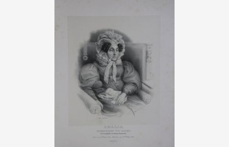 Portrait. Halbfigur mit Kopfhaube in einem Sessel. Lithographie von G. Nerlich auf aufgewalztem Chinapapier.