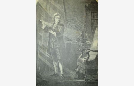 Porträt. Ganzfigürliche Darstellung beim Experimentieren mit Lichtstrahlen. Holzstich aus einer Zeitschrift, rückseitig mit Text, ca. 26 x 19 cm, um 1880.