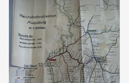 Reichsbahndirektionskarte Augsburg. März 1934. Handgemalte Karte
