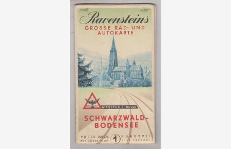 Ravensteins große Rad- und Autokarte. Schwarzwald-Bodensee. Nordteil. Nummer 1. Kolorierte Landkarte / Karte.   - Faltkarte auf Papier.