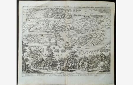 Schlacht. Wahre Delineation der Schwedischen Schanzen und Schiffbrücken bey Rheinaw, und wie selbige von den Kayserischen eingenommen worden 1637. Original Kupferstich.