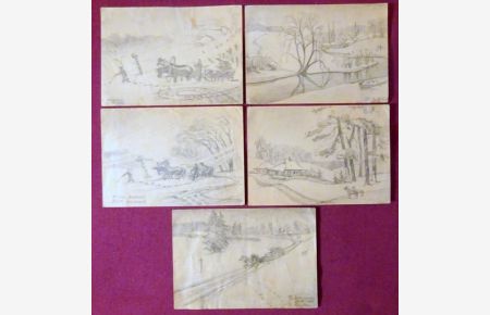 5 postkartengroße mit Blei gezeichnete Feldpostkarten mit romantischen winterlichen Motiven aus Konotop u. Umgebung (Schlittenfahrten, Winterlandschaft, gefrorener Fluß)