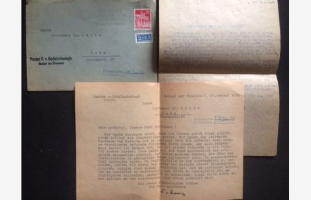 23 zeiliger maschinengeschriebener Brief mit eigenhändiger Unterschrift von F. v. Bodelschwingh, datiert 25. Januar 1950, Bethel bei Bielefeld. Adressiert an Prof. Dr. Hertz, Bonn. Mit beiliegendem Brief, ebenfalls signiert von Prof. Dr. Hertz.