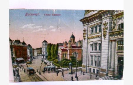 Burcuresti. Calea Victoriei. Bukarest - Rumänien - Victoria Strasse. Alte, seltene AK farbig. Straßenpartie, Gebäudeansichten, Straßenbahn, Passanten