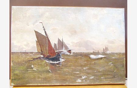 Segelboote mit braunen Segeln und 1 Dampfer, wohl Ostsee ( Bodden ? ). Öl auf Leinwand, auf Keilrahmen gespannt. Unsigniert, ca. um 1910.
