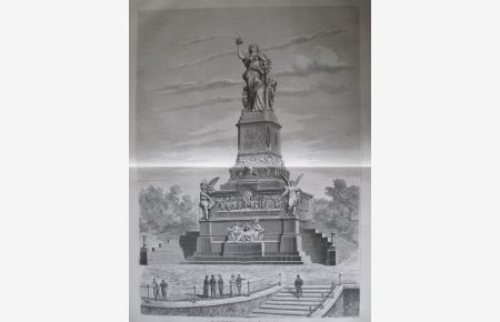 Das Nationaldenkmal auf dem Niederwald in seiner Vollendung.  Holzstich (anonym) , rückseitig mit Text, ca. 55 x 39 cm, 1883.