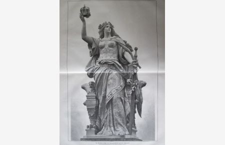 Die Germania-Statue des Nationaldenkmals auf dem Niederwald.  Holzstich nach einer photographischen Aufnahme von F. und Q. Brockmann`s Nachfolger in Dresden, rückseitig mit Text, ca. 55 x 39 cm, 1883.