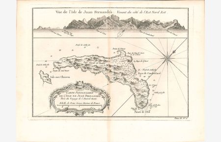 Vue de l`Isle de Juan Fernandés. Venant du coté de l`est Nord Est. Carte particuliere de l`isle de Juan Fernandes. Tirée du Voyage de l`Adminral Anson.