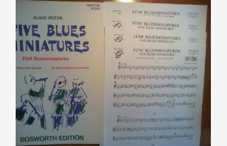 Five Blues Miniatures - Fünf Bluesminiaturen für Blockflöten-Ensemble (SAAT).   - Partitur und 4 Stimmen.