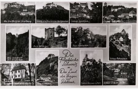 Die Fränkische Schweiz - Das Land der Burgen und Schlösser.   - Foto-Ansichtskarte mit 12 Bildern.