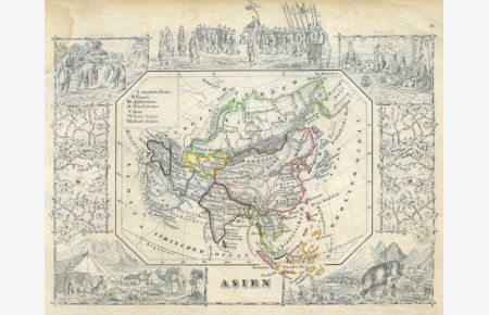Asien. Gesamtkarte (11 x 14 cm), umgeben von fünf landestypischen Szenen.