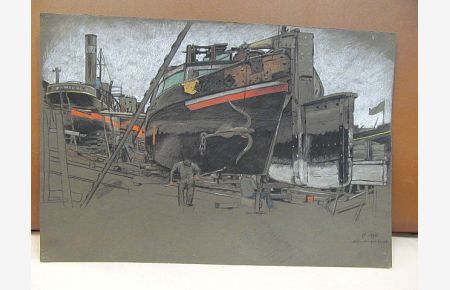 Lauenburger Werft mit Dampfern ( Schlepper u. a. *Hamburg*) auf Reede: Pastell auf braunem Papier. Rechts unten mit *pd, 1930, Lauenburger Werft* signiert, datiert und bezeichnet.