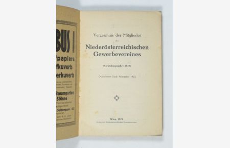 Verzeichnis der Mitglieder des Niederösterreichischen Gewerbevereines (Gründungsjahr: 1839). Geschlossen Ende September 1923.