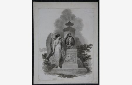 Portrait. Ovales Brustbild in jungen Jahren in einer Gedenksäule, links eine weibliche Engelsfigur. (Angel at memorial to John Churchill). Radierung von Richard Rhodes (1765-1838).