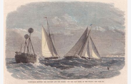Original Holzstich, koloriert: Yacht-Race Between The Thought And The Torpid: Off The Nab Light, in The Solent