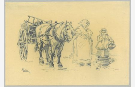 Pferd mit angespanntem Karren, daneben skizziert, eine Bäuerin mit Kind.