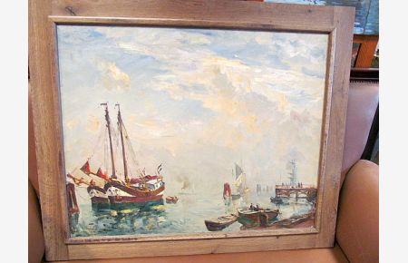 Schiffe und Ruderboote im Hafen. Ölgemälde auf Leinwand, links unten mit *Ulrich Hübner, 1916* signiert und datiert, gerahmt.