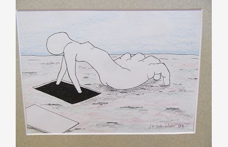 Surreale Zeichnung: Umrißskizze einer nackten Frau und Hand. Buntstift und Tinte auf Papier, rechts unten mit *J. P. Schreiber, (19)93* signiert und datiert.