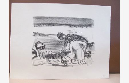 Bäuerliches Paar bei der Feldarbeit. Lithographie auf Büttenpapier, links unten mit 8 nummeriert, rechts unten mit 1937 datiert - verso mit Nachlaß-Stempel des Testamentsvollstreckers Erwin Grützbach.