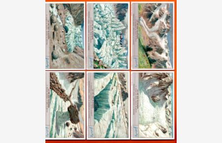Liebig Sammelbilder - Serie 1389: La vie des glaciers (Das Leben der Gletscher)  - 6 Bilder: 1. L'ecoulement du fkezve de glace, 2. Cirque de neves..., 3. Crevasses transversales..., 4. Seracs..., 5. Moraine mediane..., 6. Langue en retraite...