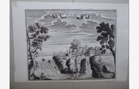 Der Fall eine halbe Meyle oberhalb Narva. Kupferstichansicht. Wasserfall der Narva mit Mühle und Bäumen.