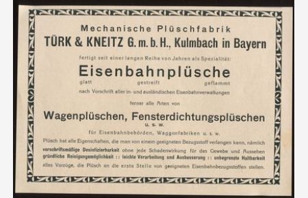 Mechanische Plüschfabrik Türk & Kneitz GmbH, Kulmbach in Bayern - Werbeanzeige 1923.   - Eisenbahnplüsche.