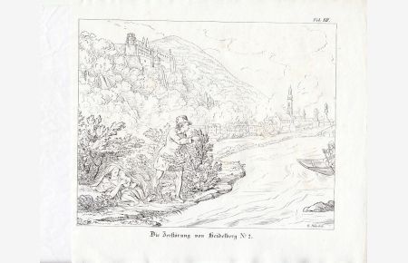 Zerstörung Heidelbergs. Lithographie von G. Nehrlich, 17 x 20 cm, ca. 1841.