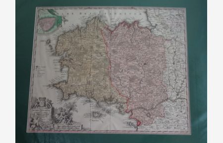 kolorierte Kupferstichkarte, Tabula Ducatus Britanniae, Gallis. Le Gouvernem. General de Bretagne in luos. . . . .