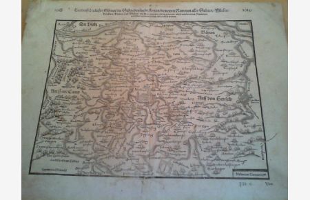 Landtaffel etlicher Gawen des Schwabenlande. Holzschnitt aus Seb. Münster um 1570. 26 x 34 cm. Region zwischen Donau und Jagst, Brenz und Altmühl. Im Zentrum Nördlingen.