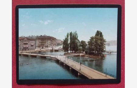 Originalfotografie (Photochromdruck) Geneve, L`Ile Rousseau - Genf, Die Insel Rousseau