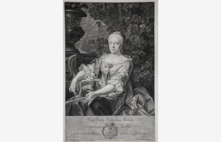 Porträt (Dreiviertelporträt) vor einem Brunnen. Kupferstich in Schabkunsttechnik (Mezzotinto) von J. Jac. Haid (1761) nach einem Gemälde von Joh. Holzer. Mit Wappen und Legende im Unterrand.