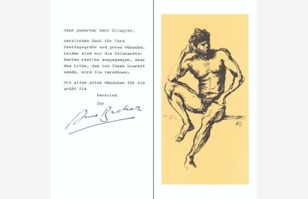 Bildhauer (1900 - 1991). Mach Brief mit eigenh. U. auf Klappkarte mit eigenem Motiv: Original-Lithographie Jeune Athlete.